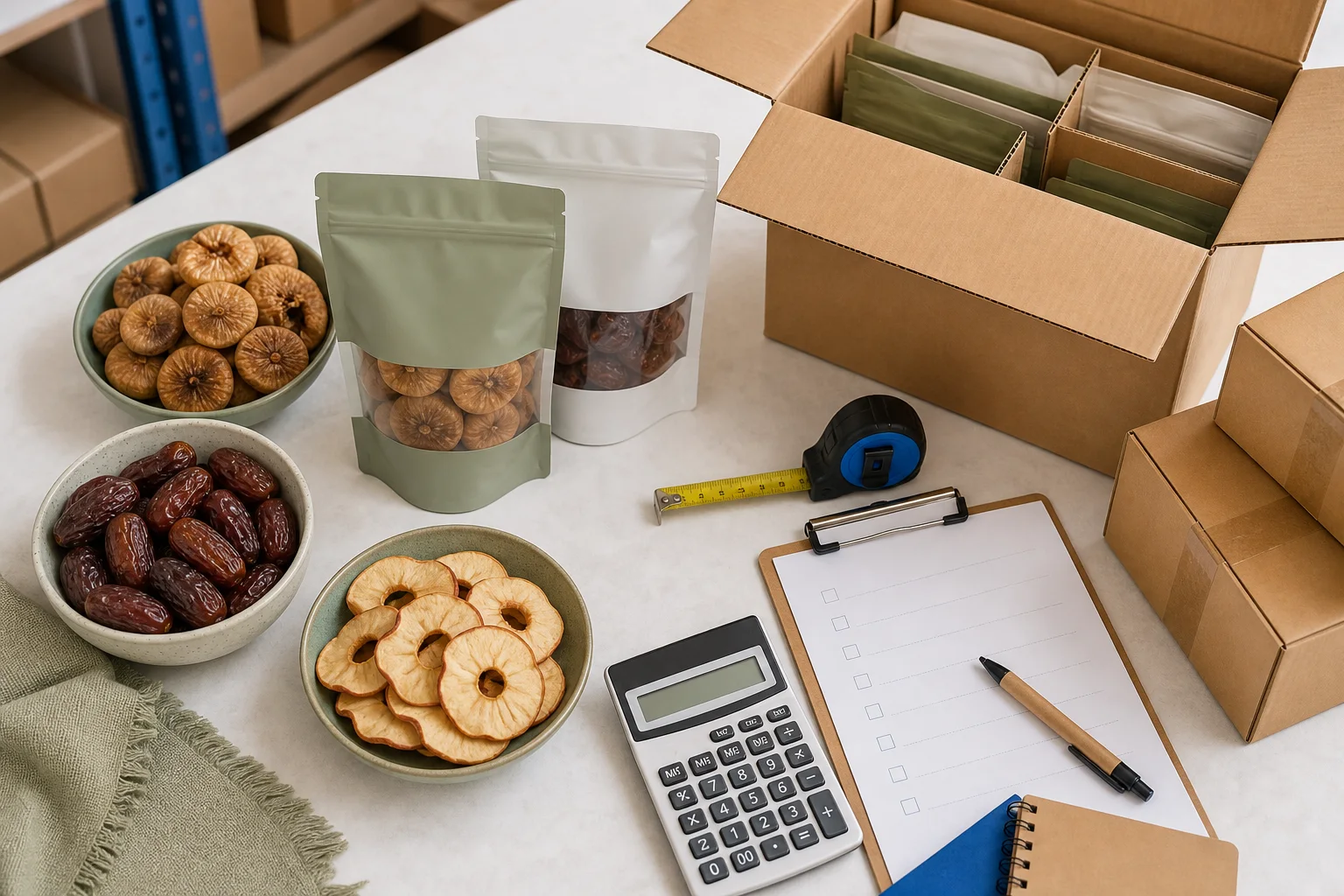 Dried fruit samples, retail pouches, shipping cartons, and a calculator for landed cost planning